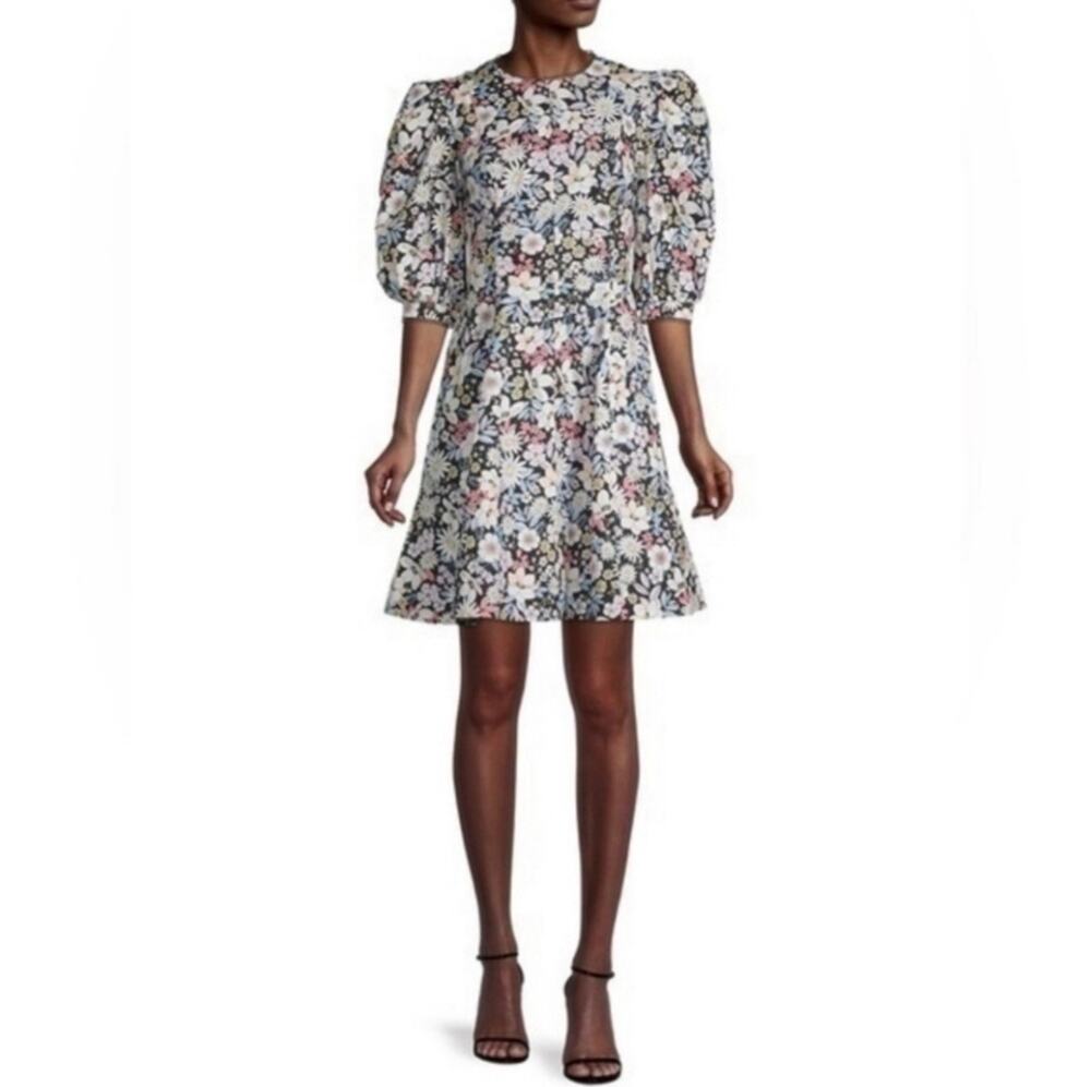 NWOT Rachel Parcell Floral Puff Sleeve Fit & Flare Mini Dress Black Pink XS